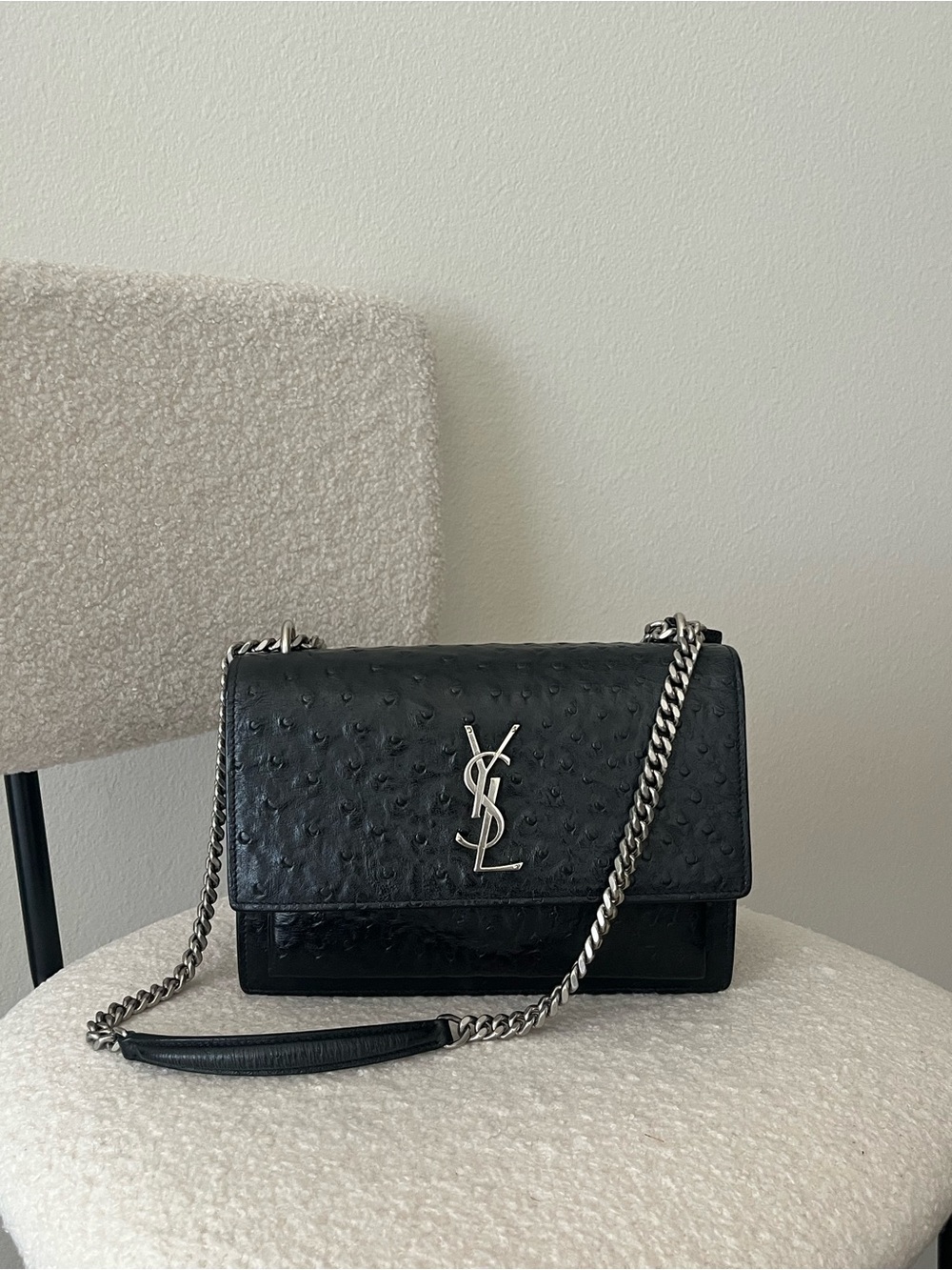 RARE Saint Laurent Sunset Bag Medium in embossed ostrich leather